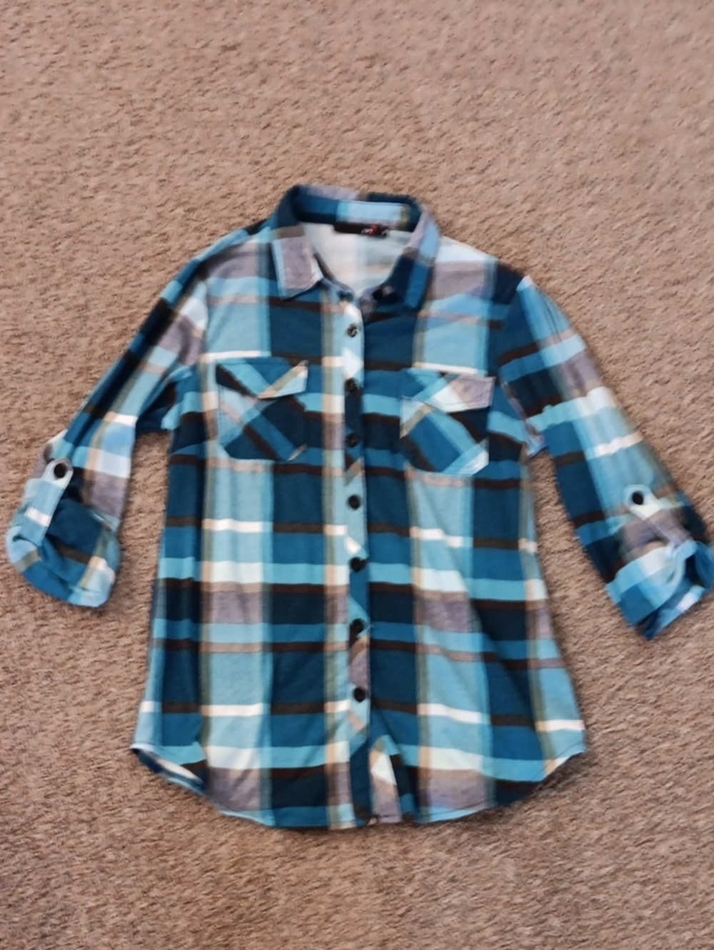 Plaid Button-Front Women's Shirt in Teal and Navy